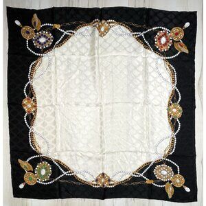 VTG MARY KAY 34" Square 100% Silk Black/Ivory Jewelry Necklace Pattern SCARF EUC